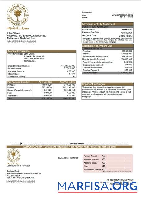 Printable Iraq Rasheed Bank mortgage statement Word and PDF template